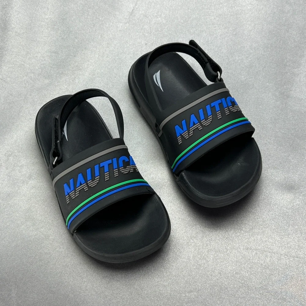 Nautica Kids Size 10 Slide Sandals Black Adjustable Heel Strap Blue Green Logo‎